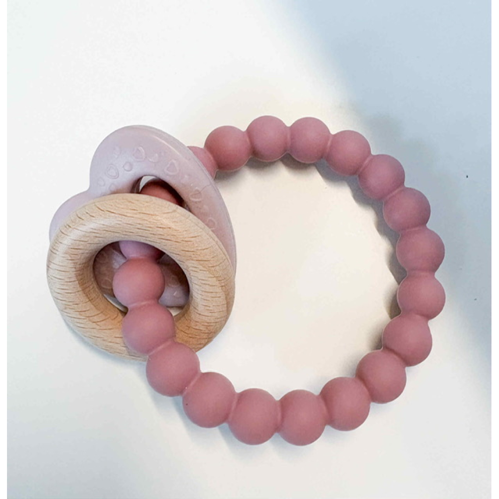 Bijtring Rose met houten ring en hartje 