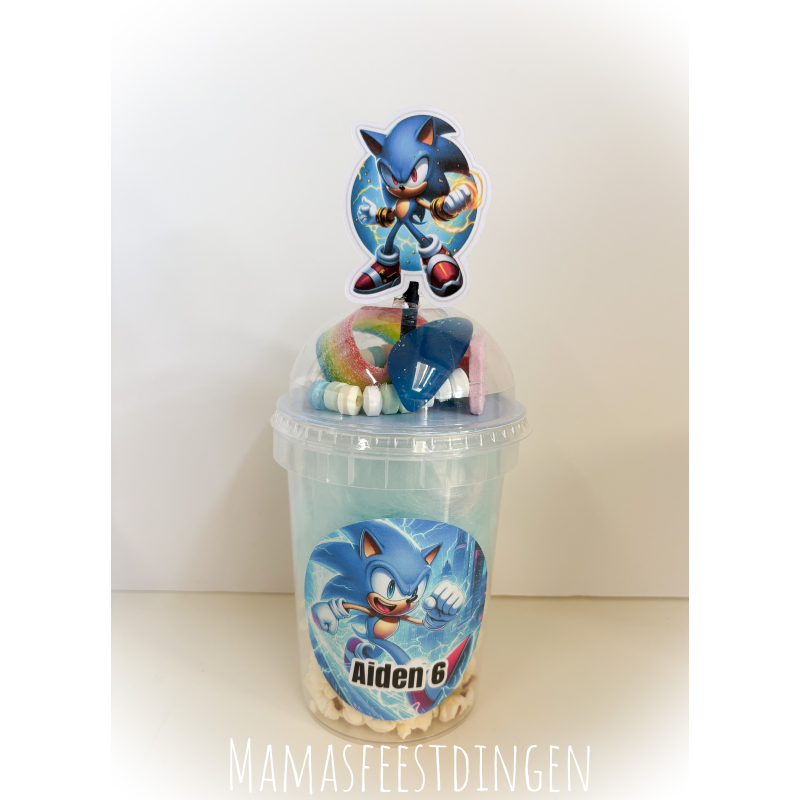 Suikerspin , popcorn beker met snoepdeksel sonic 